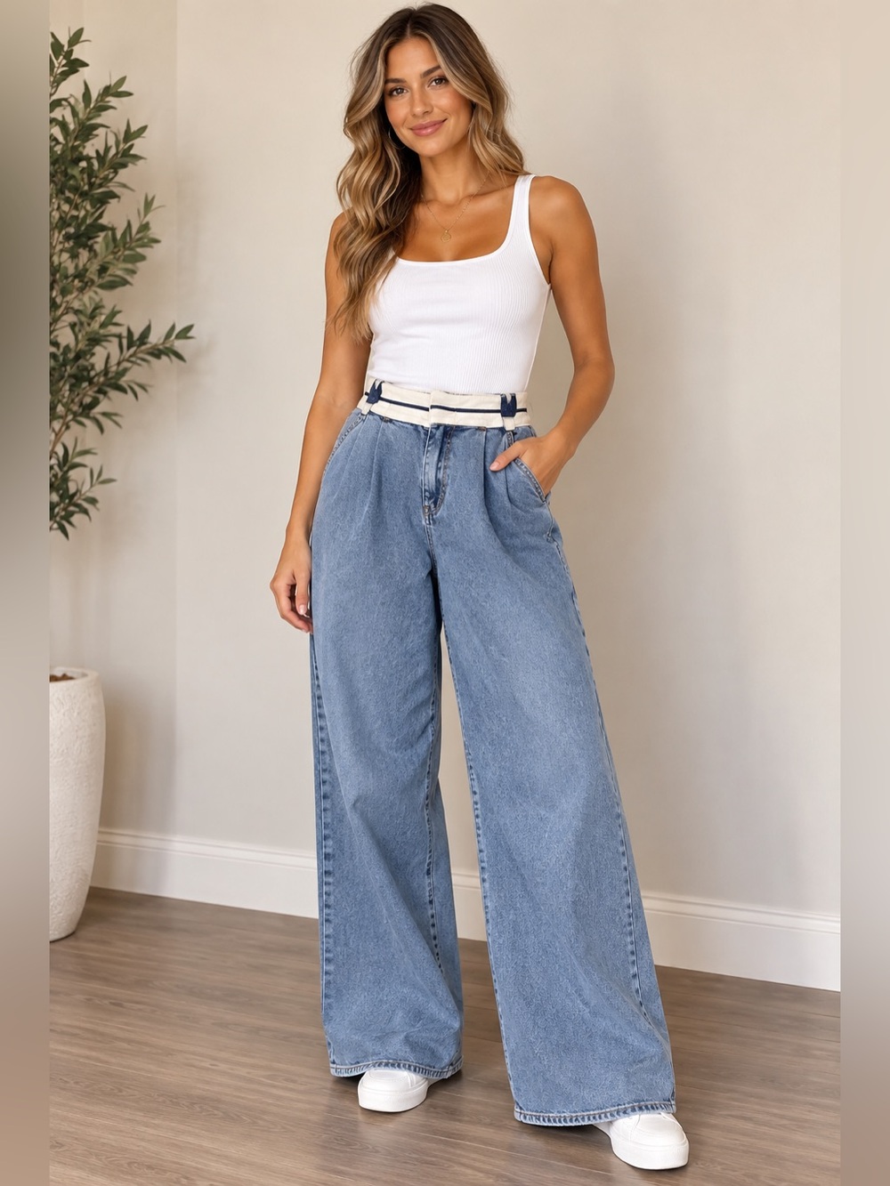 Bershka Women’s Light Wash Blue Wide-Leg Denim Jeans Pockets Zip Size 36